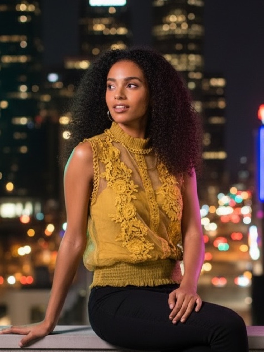 Mustard Yellow Sheer Lace Sleeveless Blouse With Floral Appliqué JJ’s Fairyland